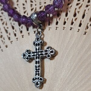 Elegant Purple Beaded Necklace With CROSS CHARM